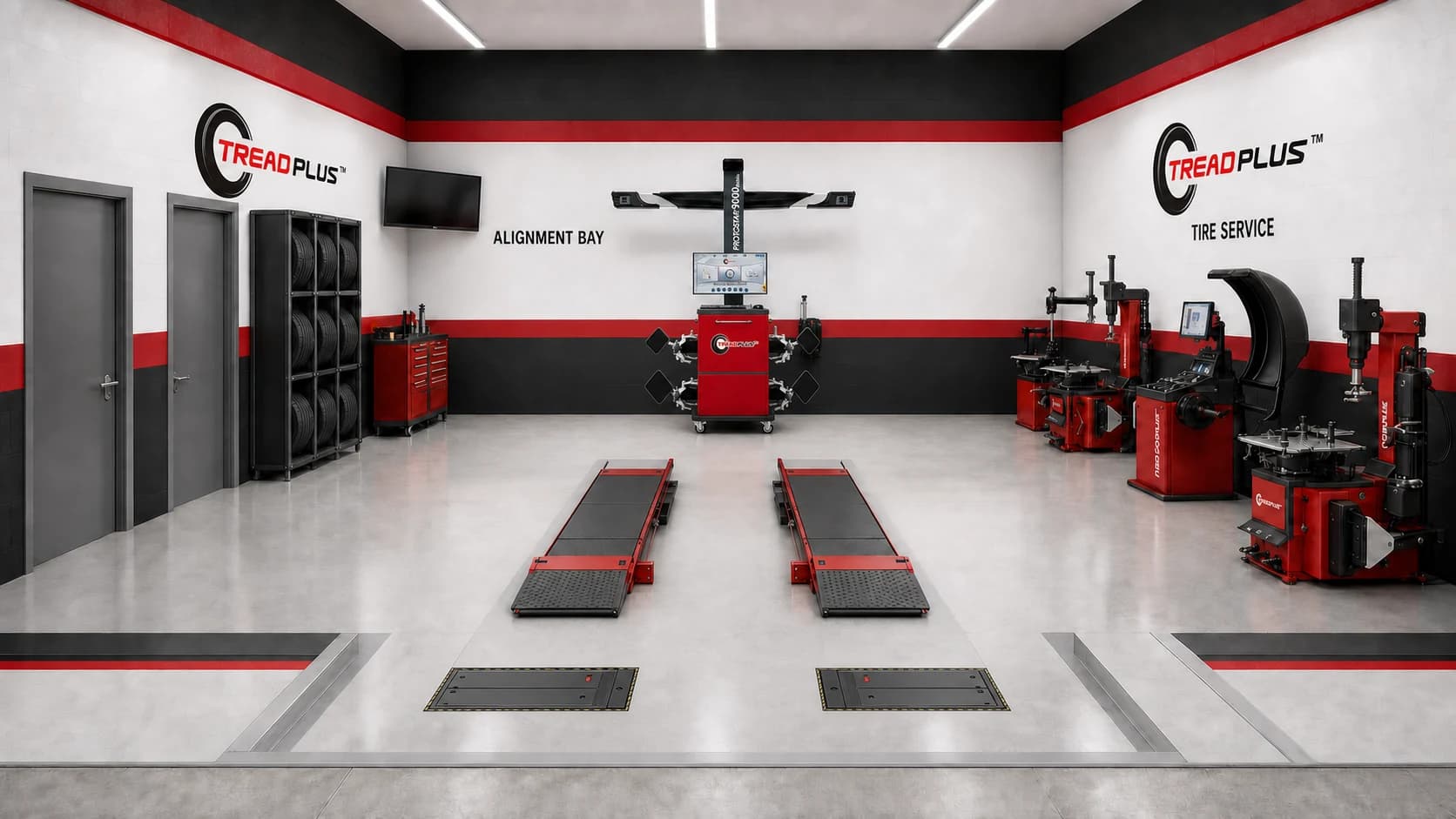 TreadPlus workshop layout with wheel alignment, balancing, tire changing and lifting equipment